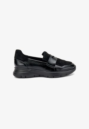 Scarpe nere senza lacci con una parte superiore in pelle liscia e suede, suola in gomma spessa e un'accento intrecciato sul davanti. Design a punta rotonda.