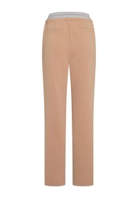 Light brown pants with a grey elastic waistband, straight-leg design, two back pockets, and a smooth fabric texture.