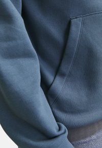 Blue cotton sweatshirt featuring a kangaroo pocket, ribbed cuffs, and a soft texture, with visible seams and a relaxed fit.