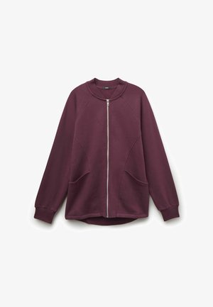 Plum zip-up sweatshirt with a round neckline, raglan sleeves, two front pockets, and smooth, textured fabric.