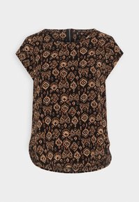 Svart kortärmad topp med ett intrikat orange och gräddfärgat geometriskt mönster, rundad nederkant och en dragkedja bak.