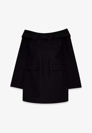 Schwarzes Off-Shoulder-Top mit weitem, gerafftem Ausschnitt, langen Ärmeln und zwei Vorderaschen. Glattes Material mit strukturiertem Design.