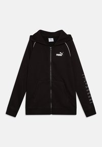 Felpa zip nera realizzata in tessuto morbido, con cappuccio, tasche frontali, piping con accenti bianchi e logo stampato sul petto e sulla manica.