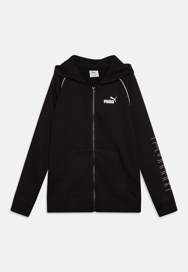 Felpa zip nera realizzata in tessuto morbido, con cappuccio, tasche frontali, piping con accenti bianchi e logo stampato sul petto e sulla manica.