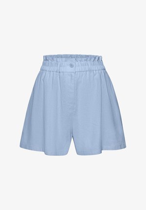 Pantaloni corti blu chiaro realizzati in tessuto morbido con vita elasticizzata e chiusura a bottone. Presentano una vestibilità comoda e un design plissettato.