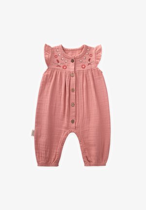 Roze katoenen playsuit met korte gerimpelde mouwen, bloemenborduurwerk op de borst en knopen aan de voorkant. Zacht textuurstof, drukknoopsluiting.