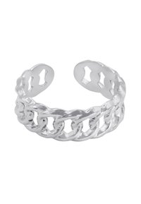 Anello in argento con design a catena intrecciata e dettagli a incisione. La finitura liscia e lucida aggiunge brillantezza e texture.