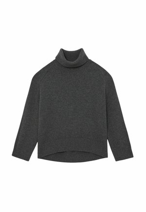 Antracietgrijze coltrui met geribbelde manchetten en zoom, voorzien van een ontspannen pasvorm en een zachte gebreide textuur. Ontworpen met raglanmouwen.