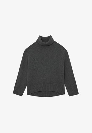 Antracietgrijze coltrui met geribbelde manchetten en zoom, voorzien van een ontspannen pasvorm en een zachte gebreide textuur. Ontworpen met raglanmouwen.