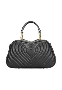 Sac à main noir matelassé avec un motif en forme de cœur, doté de ferrures dorées et de deux poignées. Texture lisse avec une forme structurée.