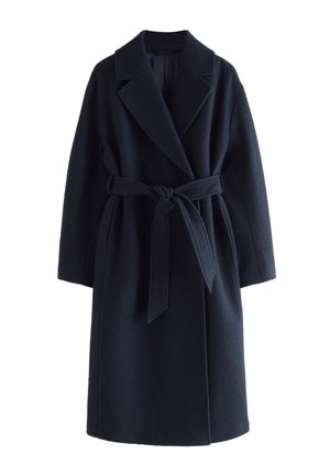Navy wool blend coat with a lapel collar, long sleeves, and a tie belt at the waist. Features a textured finish and relaxed fit.