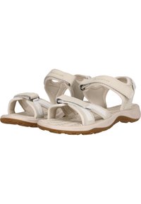 Vaaleanbeiget sandaalit, jotka on valmistettu synteettisestä materiaalista. Niissä on säädettävät hihnat, teksturoitu pohja ja kumipohja, jossa on pitopinnat.