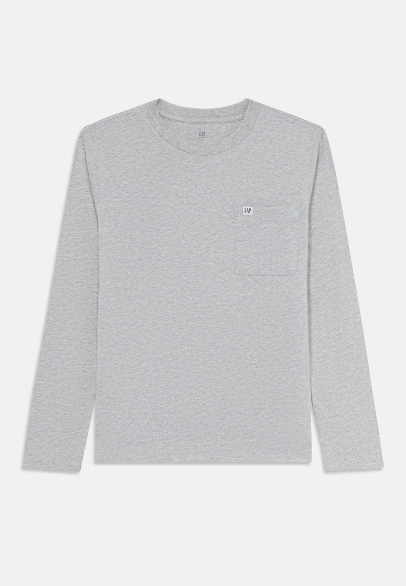 Fényeszürke, hosszú ujjú pamut póló, kerek nyakkivágással és egy kis zsebből álló, fehér GAP logóval.