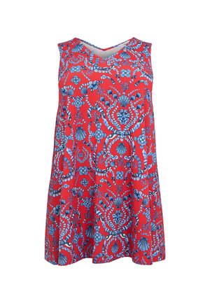 Rød ærmeløs kjole med V-hals, prydet med et indviklet mønster af blå og hvide muslingeskaller og blomster.