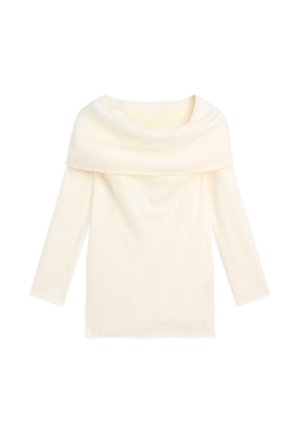 Top à épaules dénudées avec des manches longues en tissu crème doux. Présente une coupe décontractée et un col drapé. Texture lisse avec un minimum de détails.