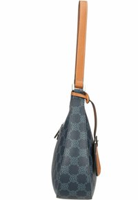 Shoulder bag featuring a blue textured fabric with a geometric pattern, a tan leather strap, and silver-tone hardware.