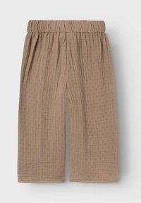 Pantaloni larghi beige, strutturati, con vita elasticizzata e un sottile motivo in rilievo. Realizzati in un tessuto morbido e leggero con una finitura arricciata.