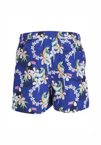 Heren zwembroek in het blauw met een levendige tropische print van vogels en bloemen. Voorzien van een elastische tailleband en een zijzak.