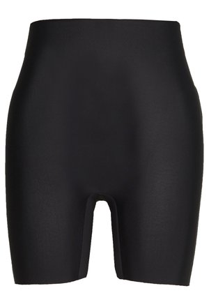 Juosmens aukščio juodi formuojantys šortai, pagaminti iš tamprios medžiagos, turintys lygią tekstūrą ir išpjovą kirkšnyje patogumui.