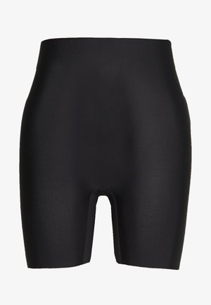 Hochtaillierte schwarze Shapewear-Shorts aus dehnbarem Stoff, mit einer glatten Textur und einem Ausschnitt im Schritt für mehr Komfort.
