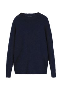 Marineblauer langärmeliger Rundhals-Pullover mit gerippten Bündchen und Saum, hergestellt aus einem weichen Strickstoff.