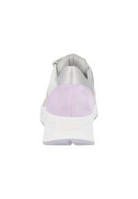 Sneaker with a smooth silver leather upper, lavender suede heel, and a white rubber sole; features a zip closure for easy wear.