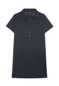 Vestito corto da donna blu navy con colletto, due tasche frontali e una chiusura a bottoni con due bottoni. Tessuto di consistenza liscia.