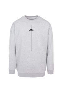 Grauer Sweatshirt mit langen Ärmeln, Rundhalsausschnitt und gerippten Bündchen. Beinhaltet einen schwarzen Textgrafik "DENK ANDERS." in vertikaler Ausrichtung.