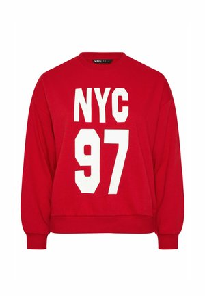 Rode sweatshirt van katoen met een ronde hals. Bevat witte bedrukte tekst "NYC" en "97" in vetgedrukte, blokletters. Lange mouwen met ribgebreide manchetten.