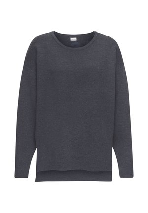 Dunkelgrauer Strickpullover mit rundem Halsausschnitt, überschnittenen Schultern und lockerer Passform. Mit gerippten Bündchen und Saum, der Rückenteil ist etwas länger.