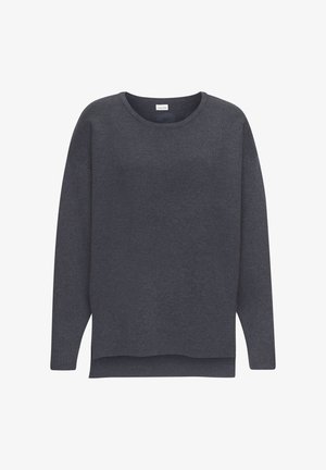 Dunkelgrauer Strickpullover mit rundem Halsausschnitt, überschnittenen Schultern und lockerer Passform. Mit gerippten Bündchen und Saum, der Rückenteil ist etwas länger.
