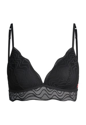 Black sheer bra with wavy mesh pattern, adjustable thin straps, and a scalloped-edge band beneath the cups.
