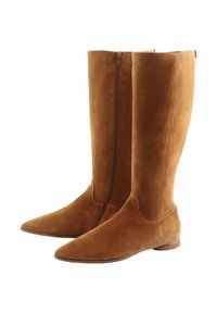 Knee-high, tan suede boots with a pointed toe and side zipper. Smooth texture with minimal accents, featuring a flat sole.