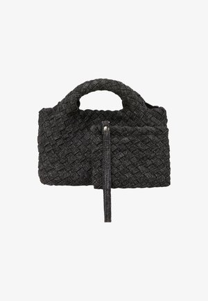 Fekete szőtt kézitáska lekerekített fogantyúkkal, texturált felülettel és cipzáros zárással. Ezen kívül elülső zsebbe és diszkrét fényességbe is rendelkezik.