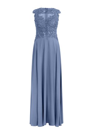 Bodenlanges hellblaues Kleid mit floraler Spitzen-Oberteil, transparentem Ausschnitt, kurzen Ärmeln und fließendem Chiffon-Rock.