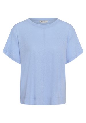 Světle modré bavlněné tričko s krátkým rukávem, kulatým výstřihem a jemným vertikálním švem uprostřed přední strany.