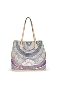 Borsa tote in materiale testurizzato multicolore con un motivo circolare, dotata di due lunghe maniglie beige e dettagli decorativi.