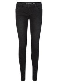 Vaqueros skinny negros de denim, con una cintura a medio altura, diseño de cinco bolsillos y una textura suave con un desvanecimiento mínimo.