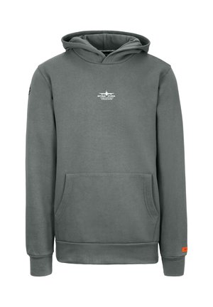 Gray hooded sweatshirt with front pocket, small white logo on chest, and orange tag on left sleeve cuff.