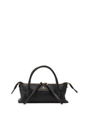 Sac à main en cuir noir texturé avec deux poignées supérieures et une fermeture éclair dorée, présenté sur un fond blanc.