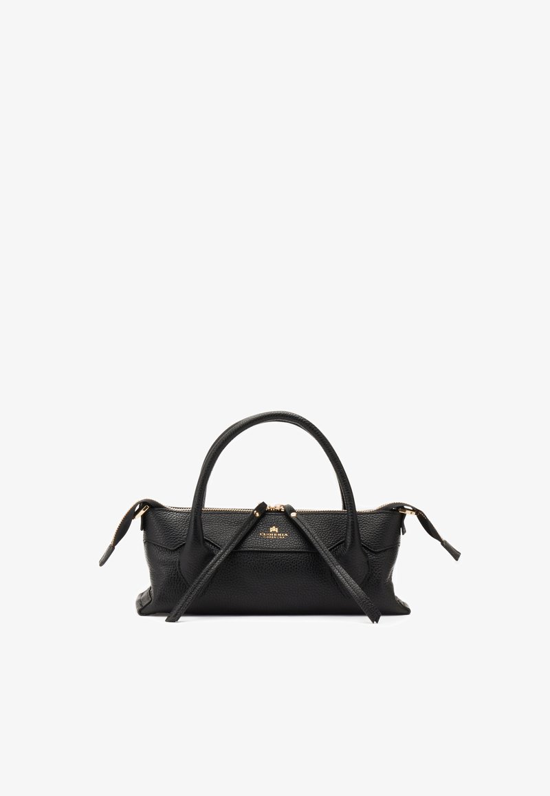 Sac à main en cuir noir texturé avec deux poignées supérieures et une fermeture éclair dorée, présenté sur un fond blanc.