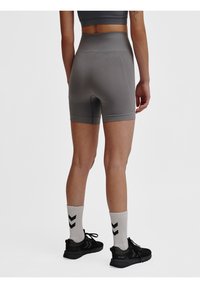 Grijze hooggetailleerde shorts met een gladde textuur, voorzien van een getailleerd ontwerp en vlakke naden. Draag ze met zwarte sneakers en crèmekleurige sokken met zwarte chevrons.