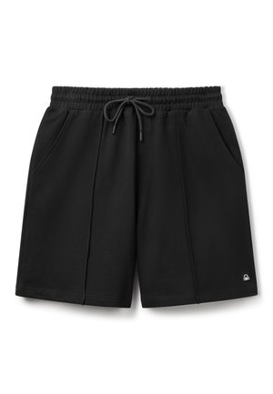 Zwarte katoenen korte broek met een elastische tailleband, trekkoord, twee zijzakken en een klein logo rechtsonder.