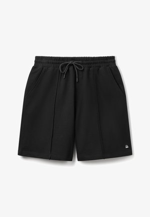 Schwarze Baumwollshorts mit elastischem Bund, Kordelzug, zwei Seitentaschen und kleinem Logo in der unteren rechten Ecke.