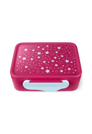 Rosa Lunchbox mit einem weißen Sternmuster auf dem Deckel. Aus Kunststoff, rechteckige Form und mit einem weißen Verschluss für sichere Schließung.
