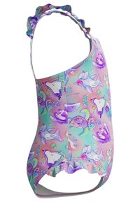 Costume intero con stampa a tema oceanico pastello, che presenta delfini e tartarughe, realizzato in tessuto morbido, spalline con volant e design con schiena scoperta.