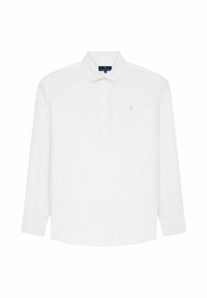 Polo de manga larga blanca con cuello, tapeta de tres botones y pequeño logo bordado en el pecho izquierdo.