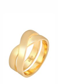 Guld-colored metalring med et sammenflettet design, glat og poleret finish samt varierende bredde. Markerede "925" på indersiden.