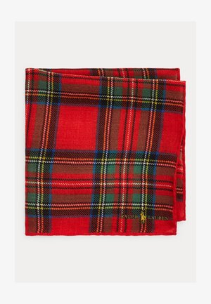 Sciarpa scozzese rossa con motivi a quadri verdi, gialli e neri. Tessuto morbido con bordi cuciti e logo ricamato in un angolo.