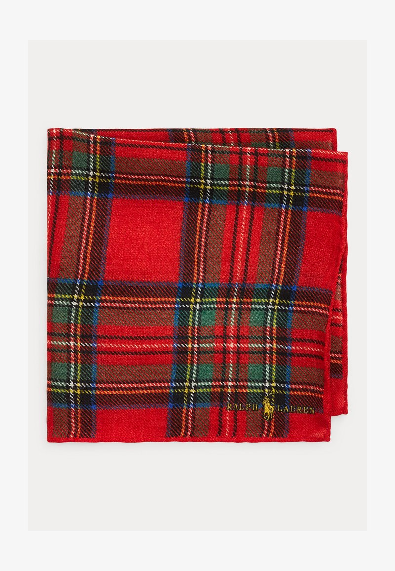 Κόκκινο καρό φουλάρι με πράσινα, κίτρινα και μαύρα σχέδια καρό. Μαλακή υφή με ραμμένες άκρες και κεντημένο λογότυπο στη γωνία.